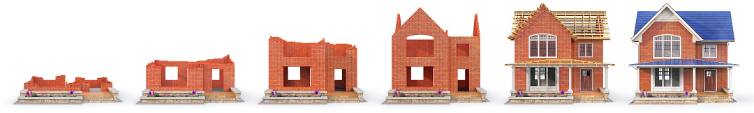 Construction concept. Houses in building process at different stages. 3d illustration