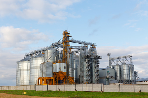 Modern Granary elevator and seed cleaning line. Silver silos on agro-processing and manufacturing plant for storage and processing drying cleaning of agricultural products, flour, cereals and grain.