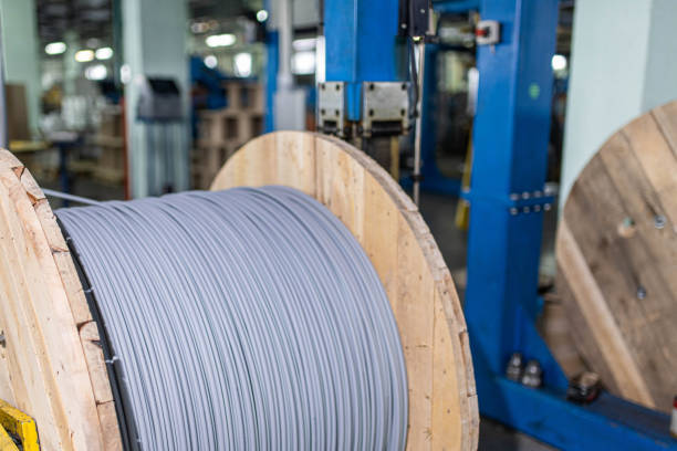 istock fiber optic cable reels for high voltage networks and telecommunications. 1337435412