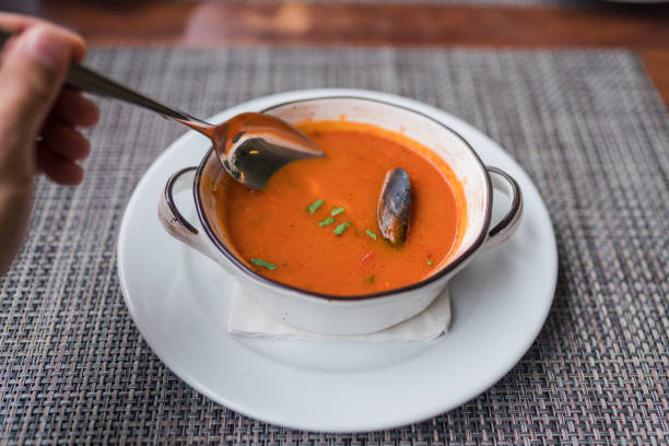 istock Eating tomato soup with seafood 1337435608