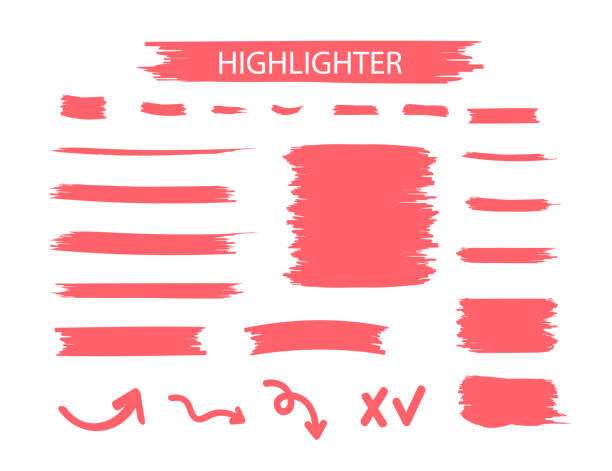 rote textmarkermarkenstriche. gelbes aquarell handgezeichnetes highlight-set - schminkpinsel stock-grafiken, -clipart, -cartoons und -symbole