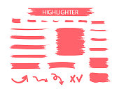Red Highlighter Marker Strokes. Yellow watercolor hand drawn highlight set