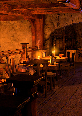 3D rendering of a medieval tavern interior