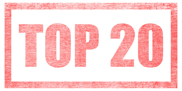 Red stamp on a white background, isolated. Lettering or text: TOP 20