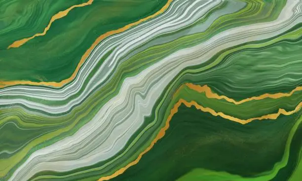 Photo of Green marbled texture with gold veins. Fake gemstone liquid art with glitter for dramatic abstract background.