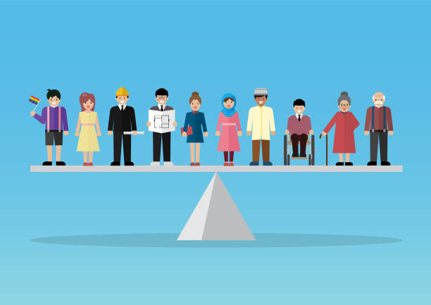 Social issue equality of people concept Social issue equality of people concept. Peopla standing on balance scale. vector illustration contrasts stock illustrations
