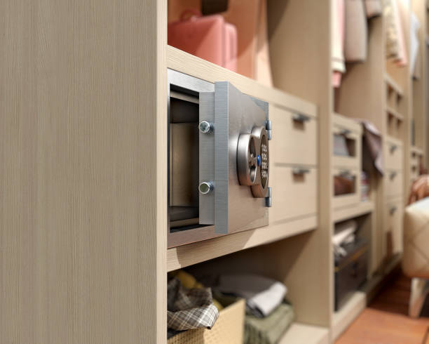 istock Small steel safe mounted in wardrobe, 3d illustration 1337438403