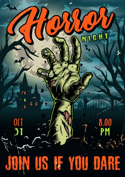 Halloween vintage colorful poster Halloween vintage colorful poster with scary zombie hand on dry trees cemetery haunted house background vector illustration zombie stock illustrations