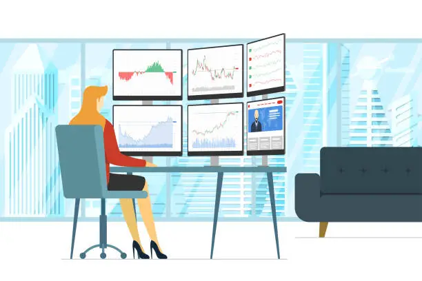 Vector illustration of Business woman stock market trader in workplace looking at multiple computer screens with financial charts, diagrams and graphs. Business index analysis concept. Female broker exchange trading