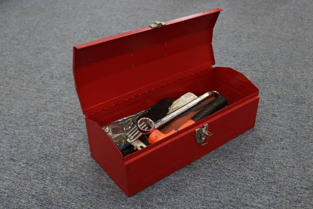istock Tool box for storing work tools such as screwdrivers, nuts, bolts, cables, nails, hammers, etc. 1337442781