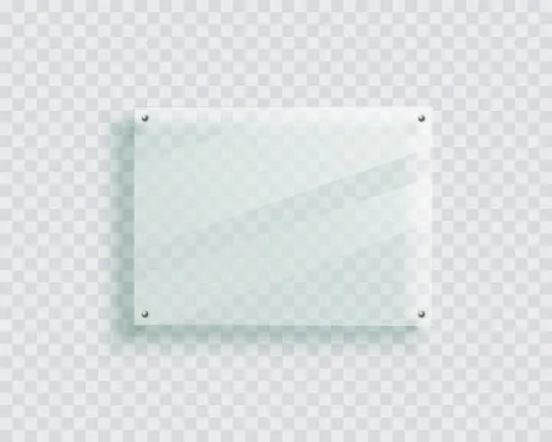 Vector illustration of Acrylic signage board on the wall. Isolated 3d plastic plate, realistic photo or poster mockup, glass display banner with shadow.