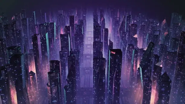 Futuristic night city flythrough. 80s retrowave 3D illustration of a retro cityscape with low poly skyscrapers and glowing neon lights. Mesmerizing cyberpunk and sci-fi vj background. 4k