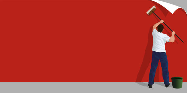 ilustraciones, imágenes clip art, dibujos animados e iconos de stock de un instalador de carteles pega un fondo rojo en una pared de concreto. - reclutamiento militar
