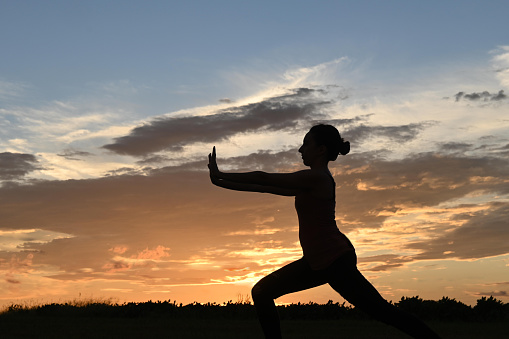 Young woman practicing taichi in the countryside at sunset