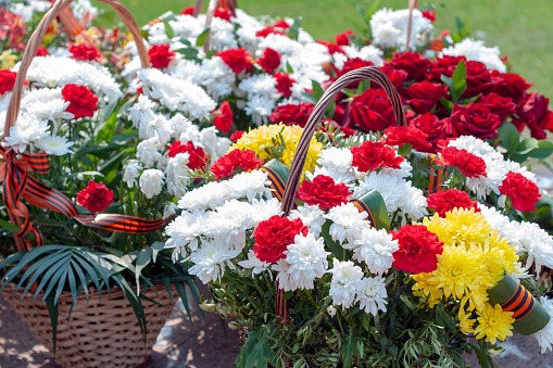 Bouquets of flowers made of chrysanthemums, roses and carnations in baskets in memory of the fallen soldiers in the Second World War. A symbol of memory of the fallen soldiers in the Second World War.