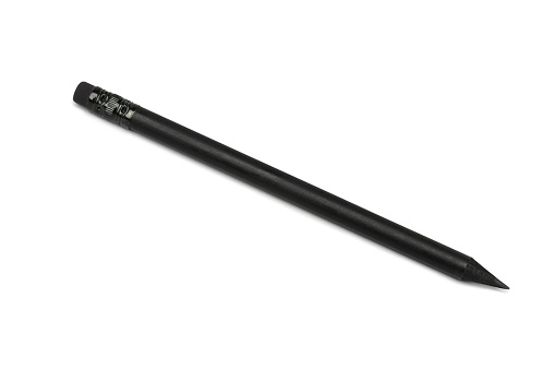 Close up of a  black pencil with black eraser isolated on white background. Clipping path included.