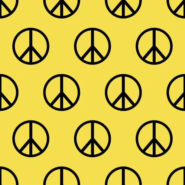 Vector illustration of Peace sign. International symbol of peace, disarmament, anti-war movement. Pacifism, hippie sign. Seamless pattern. Vector illustration on yellow background