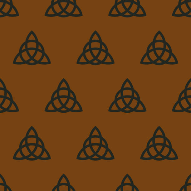 ilustrações de stock, clip art, desenhos animados e ícones de triquetra, celtic knot sign. scandinavian protective amulet. seamless pattern. esoteric, sacred geometry, witchcraft. vector illustration on brown background - celtic cross celtic culture triquetra cross shape