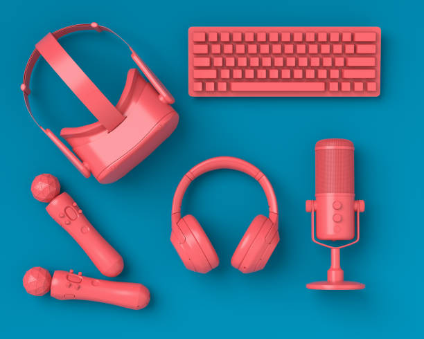 istock Top view gamer gears like VR glasses, keyboard, controllers and microphone 1337456098