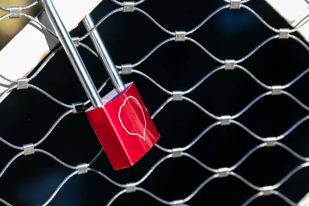 istock Red lock with drawing heart locked on steel net cage. 1337456639
