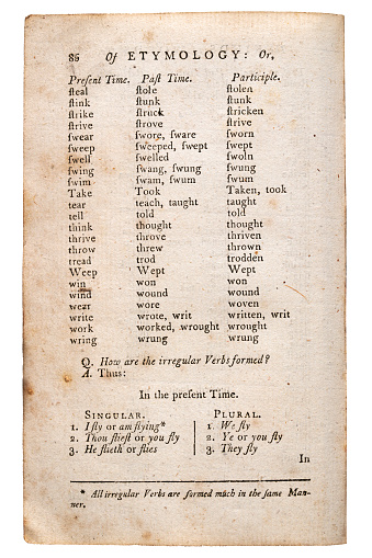 Vintage book page, of Etymology, study of the history of words, English language, 18th Century