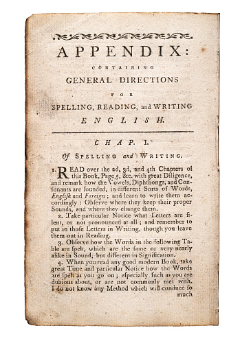 Vintage book page, Appendix, Spelling, Reading and writing, English language, 18th Century