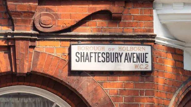 A sign for Shaftesbury Avenue, one of the best known streets in the West End of London, and the home of many famous theatres.