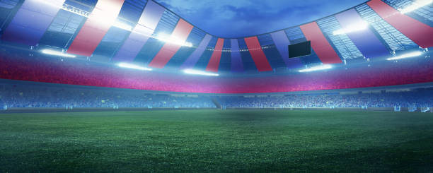 istock Empty stadium and neoned colorful flashlights background. Filled stands with fans. Blank space for championships, your ad, design 1337462069