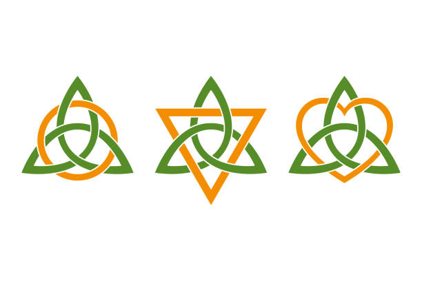 Colored triquetras, intertwined with a circle, triangle and heart Colored triquetras, intertwined with three orange colored symbols. Green Celtic knots, triangle shaped figures, used in ancient Christian ornamentation, with a circle, a triangle and a heart. Vector. celtic shamrock tattoos stock illustrations