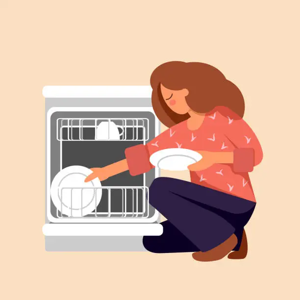 Vector illustration of The girl puts the plate in the dishwasher. Young woman takes out clean dishes.