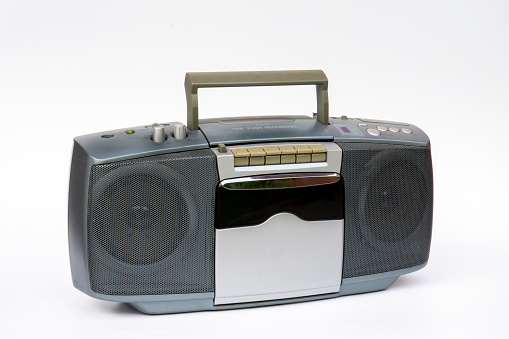 vintage radio and cassette player. Selective Focus. white Backgroun. isolated.