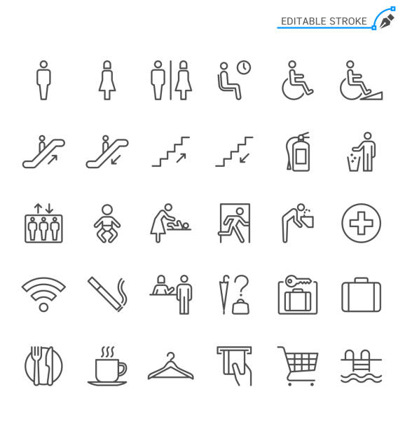 ilustrações de stock, clip art, desenhos animados e ícones de public information line icons. editable stroke. pixel perfect. - escalator