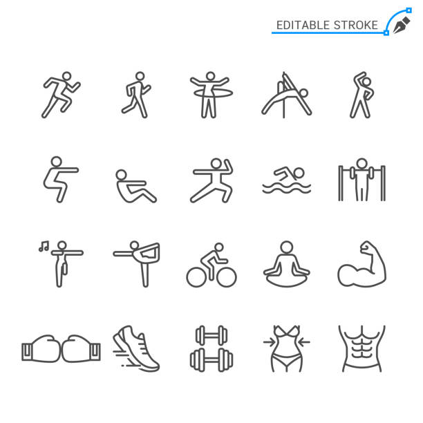 ćwiczenie ikon linii. edytowalny obrys. piksel idealny. - bicycle cycling exercising riding stock illustrations