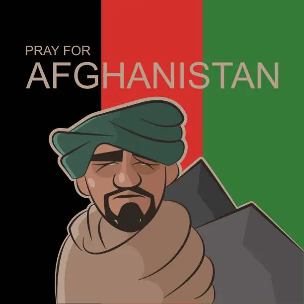 Vector illustration of Sad looking Afghan man standing in front of Afghanistan flag