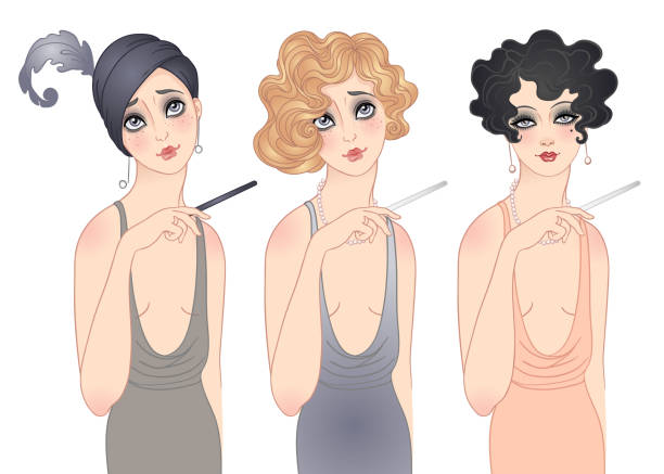 ilustrações de stock, clip art, desenhos animados e ícones de art deco vintage illustration of flapper girl. retro party character in 1920s style. vector design for glamour event or jazz party. - cute young adult adult 20s