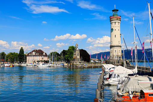 Picturesque harbour of the town Lindau at the Lake Constance, Bodensee, Bavaria, Germany, Europe