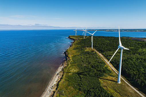 Aerial drone view of a wind farm on the Atlantic coast.