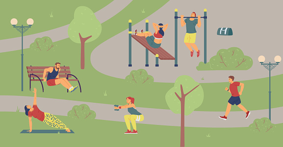 Banner with people training at street sport equipment in city park. Female and male athletes runs and doing physical exercises outdoor. Flat cartoon vector illustration