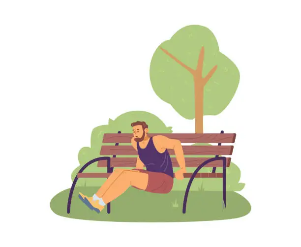 Vector illustration of Young man in sportswear doing sport exercises, training push-ups from bench.