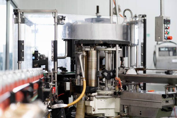 istock Bottling factory. Bottling line for processing and bottling Basil seed with fruit into bottles. Product of Basil seed with Pomegranate on the conveyor belt in the beverage factory 1337471441