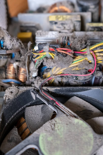 istock Power Supply unit dirty cooler fan with dust inside. Broken computer parts concept 1337471573