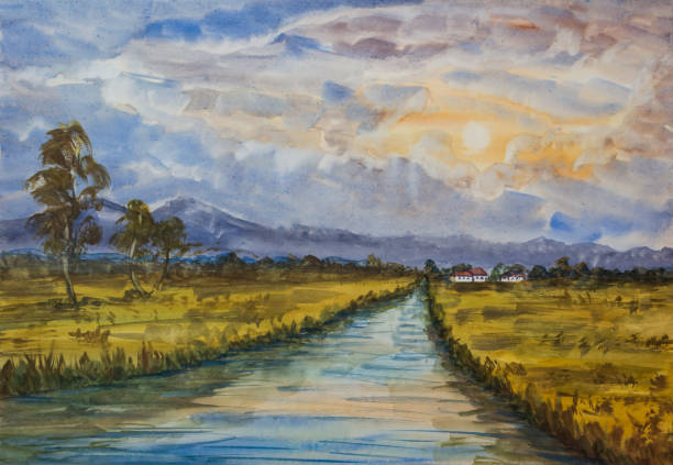 istock Meadow with river, trees, building and distant hill at sunset. Watercolor handmade landscape painting 1337471686