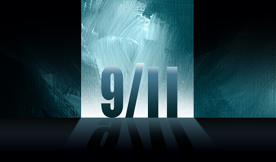 Dramatic graphic design in remembrance of lives lost to terrorists attack on U.S. on September 11, 2001. Art composed of hand painted brushstrokes and stylized type.