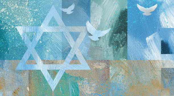 illustrazioni stock, clip art, cartoni animati e icone di tendenza di stella di david sfondo astratto grafico con tre colombe - synagogue