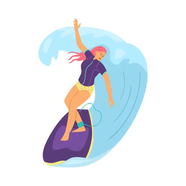 Vector illustration of Woman surfer catching waves on surfboard, flat vector illustration isolated.