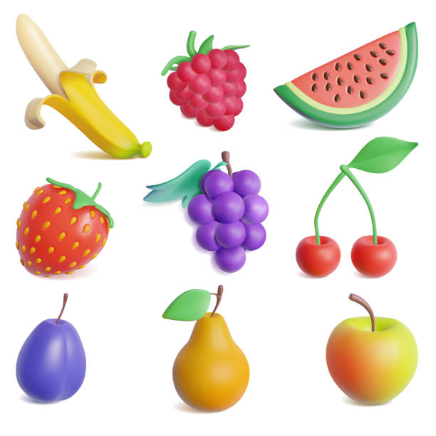현실적인 상세한 3d 플라스틱 과일과 베리 세트. 벡터 - fruit food strawberry apple stock illustrations