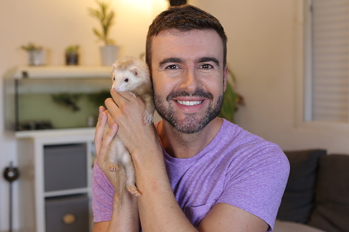 Man holding cute domestic ferret.