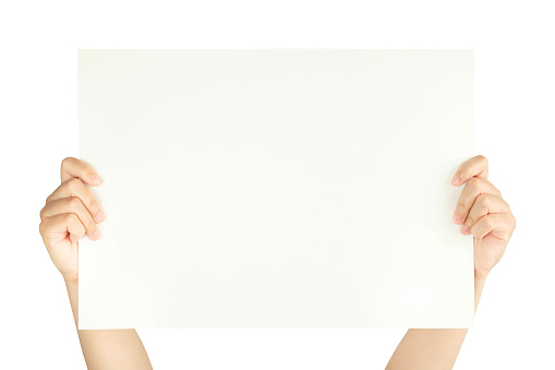 women hand holding white blank paper isolated on white background with clipping path