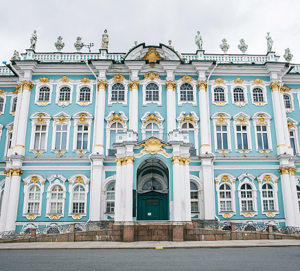 Saint-Petersburg, Russia, 31 August 2020: Main entrance to the Winter Palace from the side of the palace square.