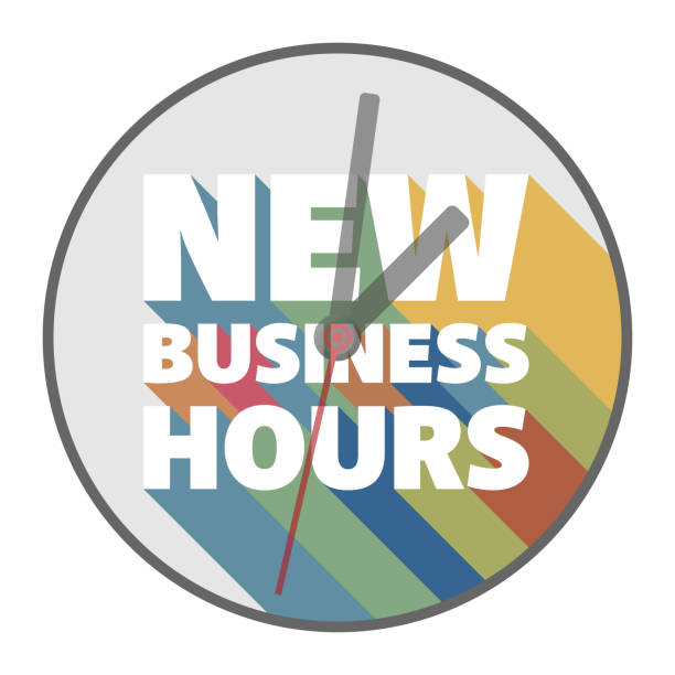 ilustrações, clipart, desenhos animados e ícones de adesivo redondo com texto new business hours - placa de horário de funcionamento